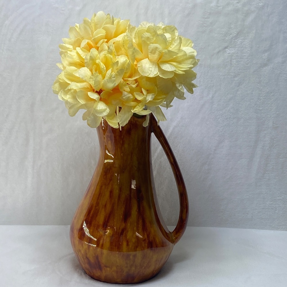 MCM Harvest Gold Orange Drip‎ Glaze Handmade Pottery Pitcher Vase Artist Signed